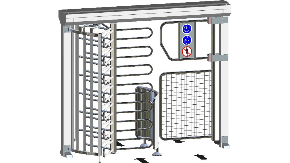 Rendering of full height turnstile with bicycle access gate