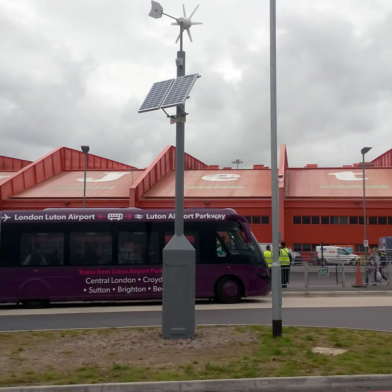 Photo of a solar and wind powered traffic management solution at London Luton Airport