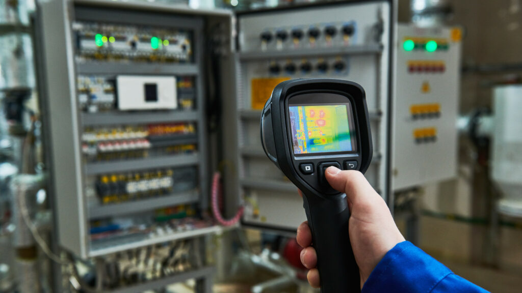 Electrician inspecting equipment with a thermal camera