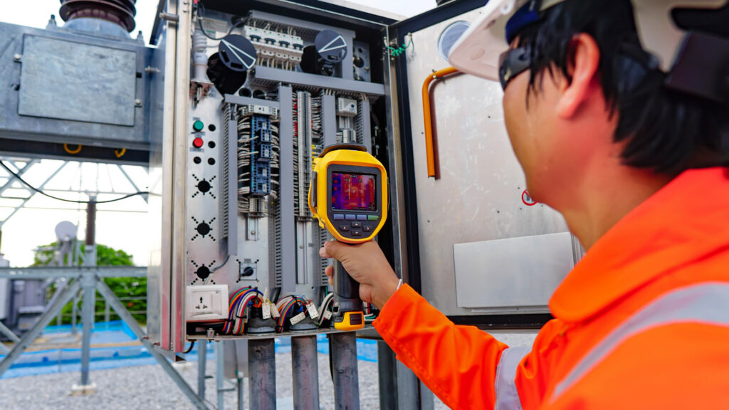 Electrician inspecting equipment with a thermal camera